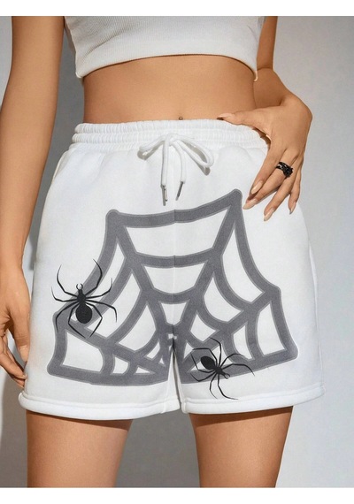 Punk Halloween Spider Web Print Drawstring Waist Şort Beyaz