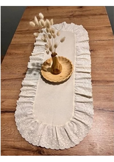 Oval Fırfırlı Naturel Ham Keten Fisto Runner 35 85 Cm Bej