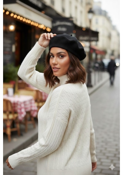 Mollycrush Kadın Siyah Ressam Bere Keçe Mevsimlik Fransız Şapka Siyah