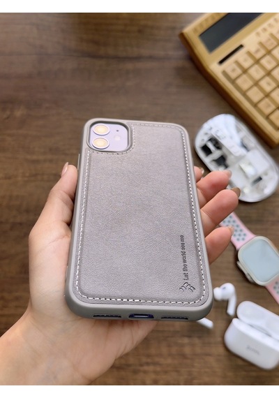 Apple iPhone 11 Uyumlu Premium Deri Dokulu Darbelere Karşı Dayanıklı Nazal Silikon Kılıf Gri