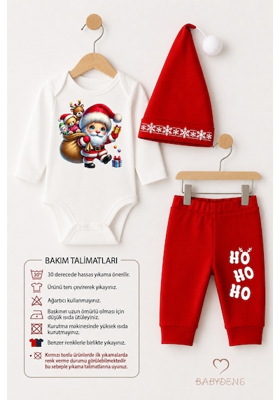 Babyden's Bebek Yılbaşı Noel Kıyafeti 3 Lü Set ,santa Baskılı Uzun Kollu Body, Kırmızı Pantolon,şapka Unisex Kırmızı - Beyaz