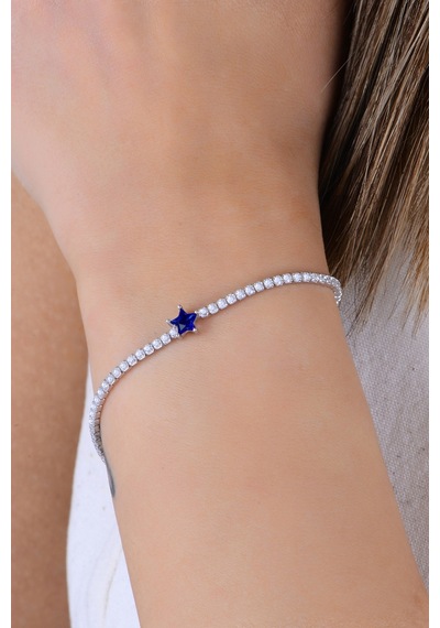 Gümüş Rodyumlu Pırlanta Modeli Safir Ve Zirkon Taşlı Yıldız Detaylı Su Yolu Bileklik. Barcode Gümüş
