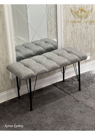 By Hakan Aşkın Metal 4 Ayaklı 90 Cm Eco Keten Gri Puf & Bench Tekli 2024