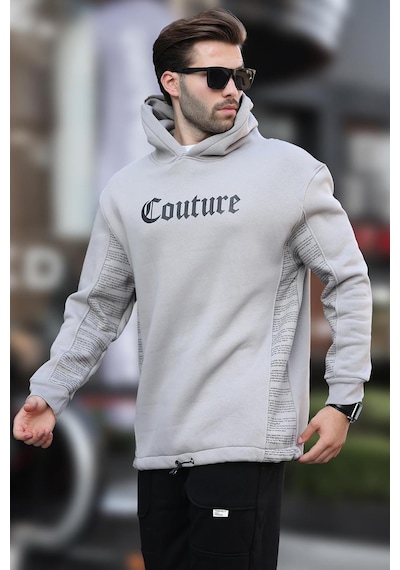 Madmext Boyalı Gri Kapüşonlu Baskılı Erkek Sweatshirt 7090 Gri