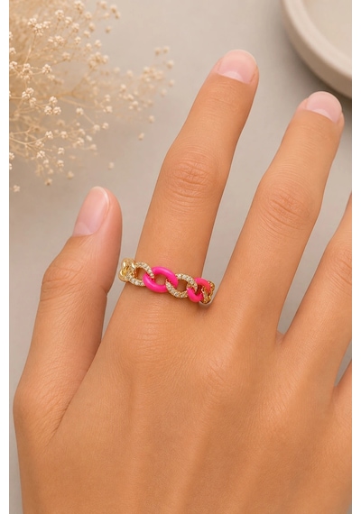 Sertifikalı 316l Çelik Fuşya Pembe Taşlı Zincir Halkalı Premium Altın Kaplama Kadın Yüzük