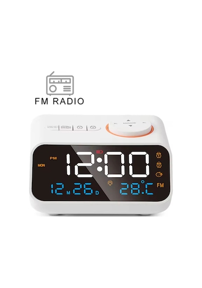 Shopytech Fm Radyo Dijital Çalar Saat Led Ekranlı Masa Saati Sıcaklık Nem Göstergesi 2 Usb Şarj Çıkı Beyaz