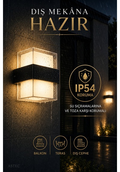 Astec Elektrikli Elit 12w Kare Led Duvar Aplik Suya Toza Dayanıklı 3200k Gün Işığı İç Dış Mekan Balkon Bahçe