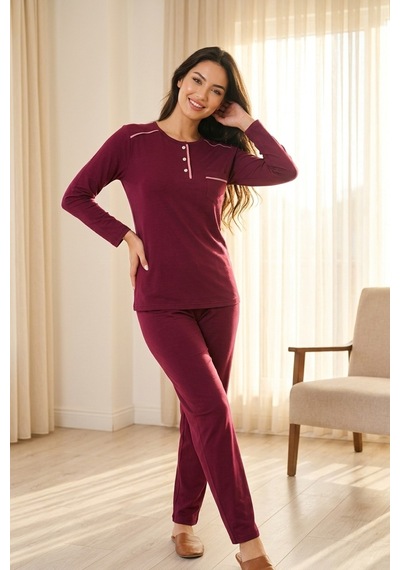 Aura Collections Kadın Pamuklu Uzun Kollu Üç Düğmeli Biyeli Soft Örme Pijama Takımı Mor