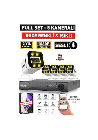 Sesli - 5 Kameralı Fullhd Gece Renkli Ve Işıklı Güvenlik Kamerası - Kamera Seti Hard Disksiz