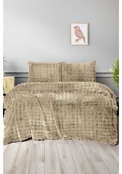 Merinos Diamond Buble Kürk Çift Kişilik Comforter Set Bej Gri