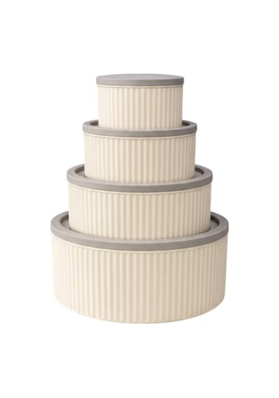 4 Lü Yuvarlak Saklama Kabı Seti Çizgili Desenli Bpa İçermez 3 Lt 1.8 Lt 1 Lt 0,55 Lt Buzdolabı Krem