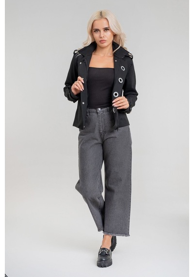 Bold & Young Kadın Viskon Polyester Likralı Kumaş Kol Ucu Toka Bantlı Kuş Gözü Aksesuarlı Çıt Çıtlı Cepli Ceket Siyah
