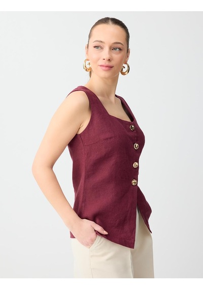 Jimmy Key Bordo %100 Keten Parlak Düğme Detaylı Düz Kesim Yelek 6sw306649562