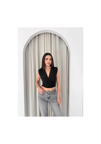 Butik İstanbul Vatkalı Kolsuz V Yaka Drapeli Crop Bluz Likralı Fit - Siyah