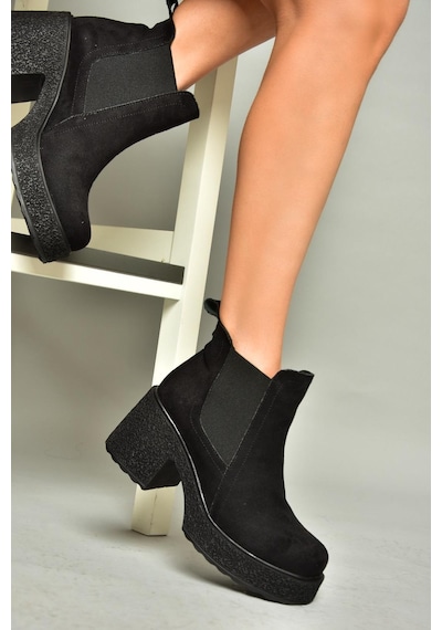 Fox Shoes T996220002 Siyah Süet Kalın Topuklu Kadın Bot Siyah-Süet Siyah