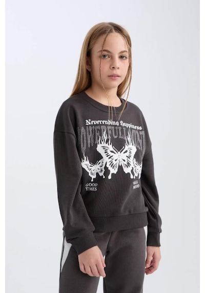 Defacto Oversize Geniş Kalıp Bisiklet Yaka Baskılı Sweatshirt Kız Çocuk D4386A824WN Antrasit