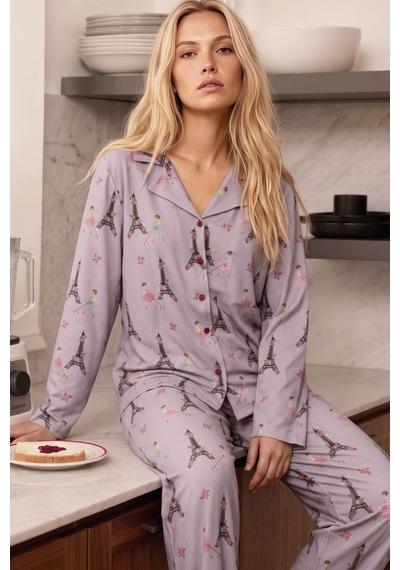Siyah İnci Lila Desenli Termal Kumaşlı Ultra Soft Yumuşak Düğmeli Örme Pijama Takımı 26226126