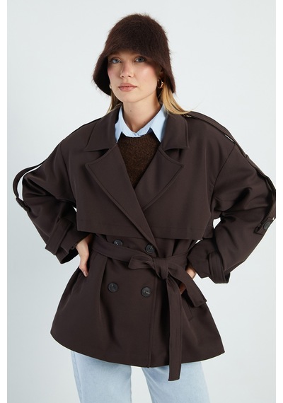 Fullamoda Beli Kemerli Kruvaze Yaka Oversize Trençkot Kahve