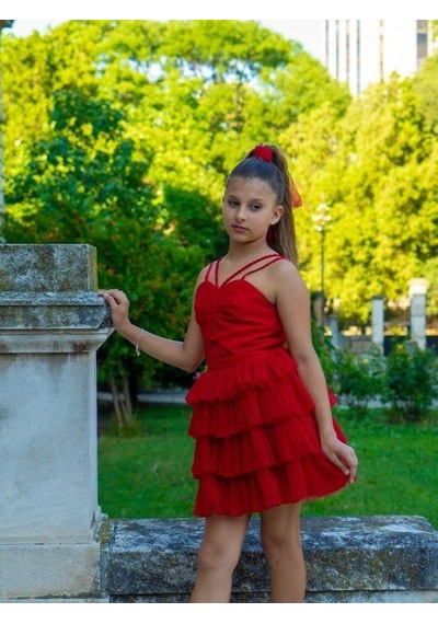 Zekids Kız Çocuk Simli Önü Pencere Detaylı Kısa Kat Kat Tasarım Abiye-15758 Kırmızı