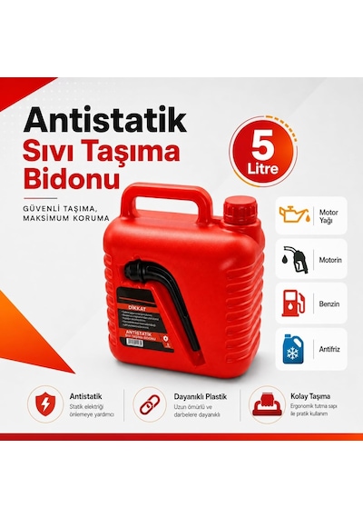 Badem10 Boşaltma Borulu Plastik Antistatik Benzin Bidonu 5 Litre Akaryakıt Mazot Taşıma Doldurma Depolama
