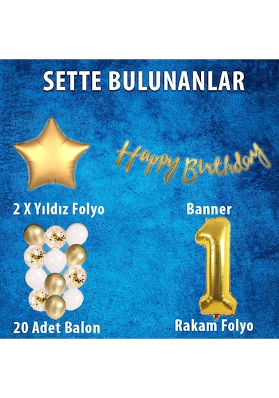 Gold Konsept 1 Yaş Doğum Günü Kutlama Seti; Beyaz Gold Konfetili Balon, Rakam Yıldız Folyo ve Banner