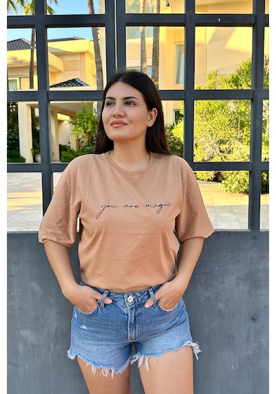 Latte Renk You Are Magic Baskı Unisex Oversize T-shirt Sütlü Kahverengi