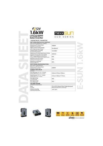 Sako 2KVA 2000VA 1.6KW 1600 Watt Tam Sinüs Akıllı 80A H.V. MPPT 60-450Vdc İnverter 12Vdc-220Vac 2kw 1kw İnvertör