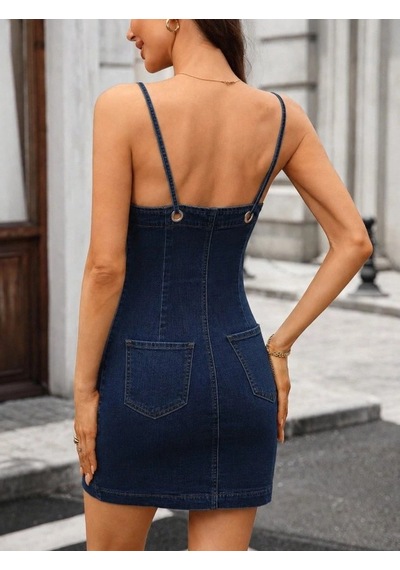 DefyModa Kadın Ip Askılı Önü Düğmeli Kısa Kot Elbise Mavi