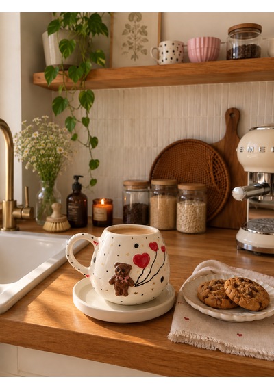Teddy Ayıcıklı Kahve Ve Çay Fincanı Beyaz - Krem
