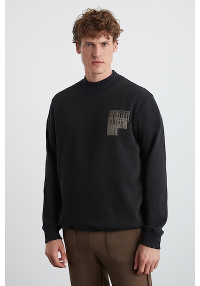 Grımelange Chasey Erkek Organik Pamuklu Dik Yaka Içi Polarlı Baskılı Siyah Sweatshirt