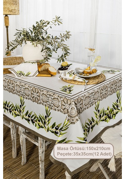 Elart Zeytin Yemek Seti 12 Kişilik Masa Örtüsü Takımı 150x210 Cm Çok Renkli