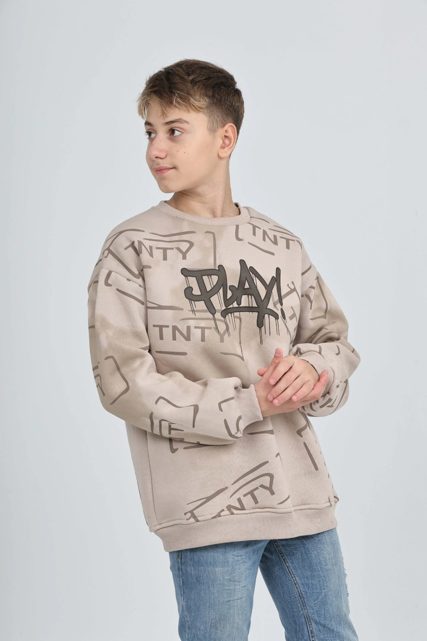 Toontoy Kids Toontoy Erkek Çocuk Play Baskılı Sweatshirt Bej
