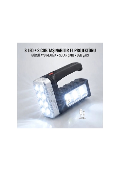 Wt-614 Solar Panelli 11 Ledli El Feneri Işıldak Kamp Lambası Siyah