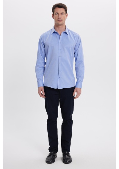 Tudors Modern Slim Fit Uzun Kollu Pamuklu Kolay Ütü Armürlü Saks Mavi Erkek Gömlek-41847 Saks