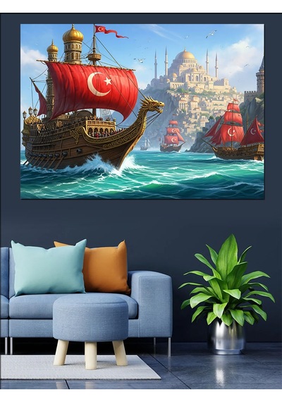 Türk Bayraklı Tarihi Gemi Dekoratif Kanvas - Mdf Ahşap Tablo