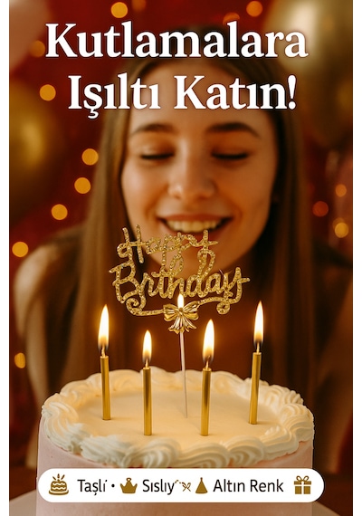 Altın Renkli Taşlı Happy Birthday Pasta Süsü Işıltılı Metal Dekor Doğum Günü Aksesuarı