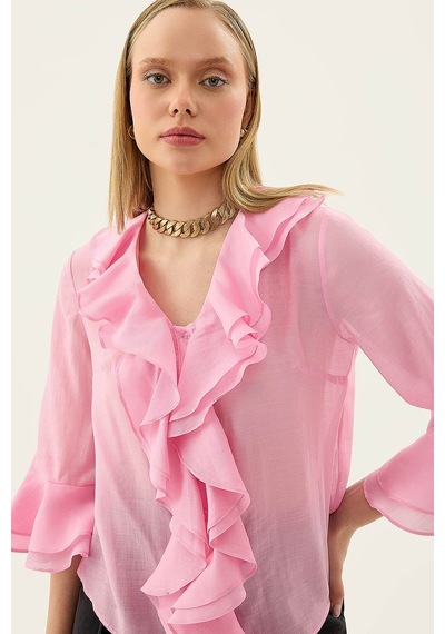 Vitrin Önü Düğmeli Fırfırlı Bluz Pembe