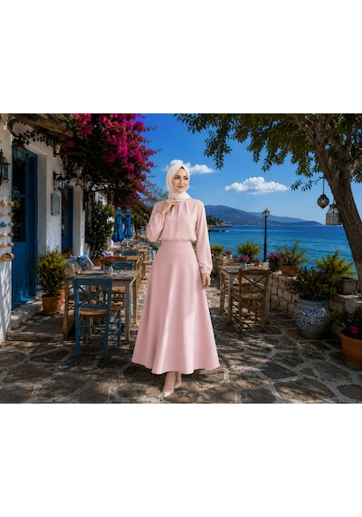 Feyece Kadın Pudra Örme Scuba Krep Tesettür Ve Günlük Etek Boy:94-95cm