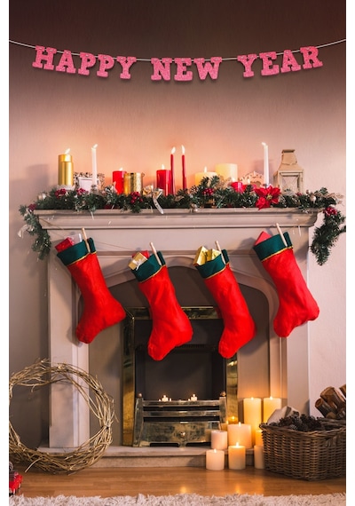 Pembe Happy New Year Yazılı Banner, Özel Gün, Davet Organizasyonu ,yeni Yıl, Yılbaşı Sofrası, Simli Eva Banner