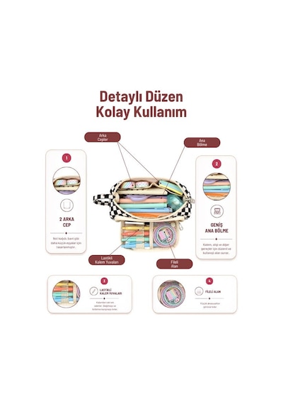 Yuga Üçgen Formlu Çok Bölmeli Geniş Kapasiteli Kumaş Kalemlik 20,5 Cm Dama Desenli Damalı