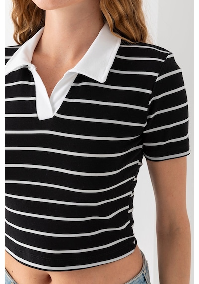 Giysa Kadın Polo Yaka Çizgili Pamuklu T-shirt Siyah Beyaz - 25795 Siyah - Beyaz