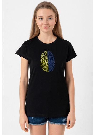 Sarı Lacivert Parmak İzi Siyah Kadın Tshirt SIYAH
