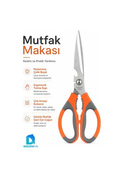 Çok Amaçlı Mutfak Makası Paslanmaz Çelik Ceviz Kıracaklı Turuncu Gri