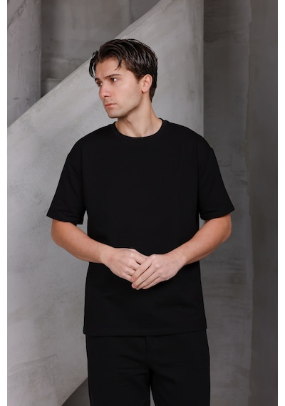 Erkek Basic Oversize Bisiklet Yaka 2 İki İplik Kompakt T-shirt Siyah