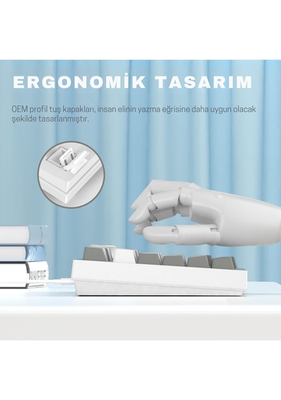 Ak820 Kablolu Mekanik Oyun Klavyesi , Beyaz Işıklı, Beyaz-gri, 82 Tuş, Hot Swap, Anti Ghosting