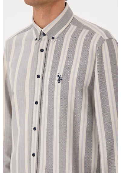 U.S. Polo Assn. Erkek Krem Çizgili Uzun Kollu Lacivert Gömlek 50316558-VR033 U.S. Polo Assn. Erkek Krem Çizgili Uzun Kollu Lacivert Gömlek 50316558-VR033