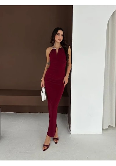Dogutrend Uzun Abiye Elbise Yırtmaçlı Sırt Dekolteli Şık Gece Elbisesi - Bordo