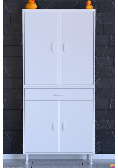 Yeni Afra 75 Cm 4 Kapaklı 10 Raflı Ve Çekmeceli Çok Amaçlı Banyo Dolabı 75 Cm