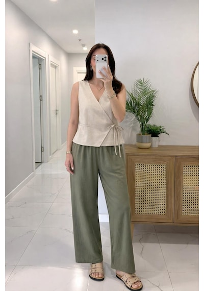Lijuri Beli Lastikli Yarım Astarlı Rahat Pantolon 0135 Haki