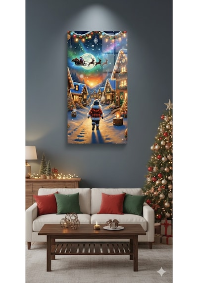 Yılbaşı Köyü Ve Noel Baba Kış Manzarası Cam Tablo Işıklı Kar Temalı Dekor